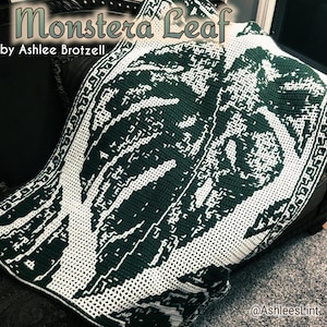 Monstera Leaf Crochet Pattern in 3 colorwork options: interlocking, overlay mosaic, and solid overlay mosaic. Written pattern & charts. image 2
