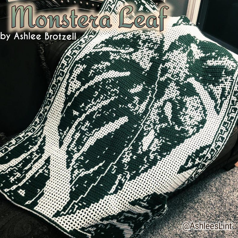 Monstera Leaf Crochet Pattern in 3 colorwork options: interlocking, overlay mosaic, and solid overlay mosaic. Written pattern & charts. image 2