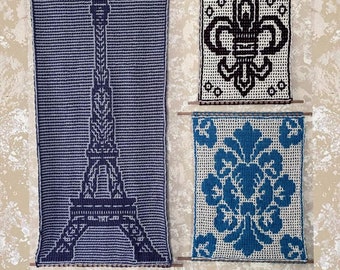 Parisian Wall Hangings: Eiffel Tower, Fleur-De-Lis, & Une Autre Fleur - Interlocking and Overlay Mosaic Crochet Patterns and Charts