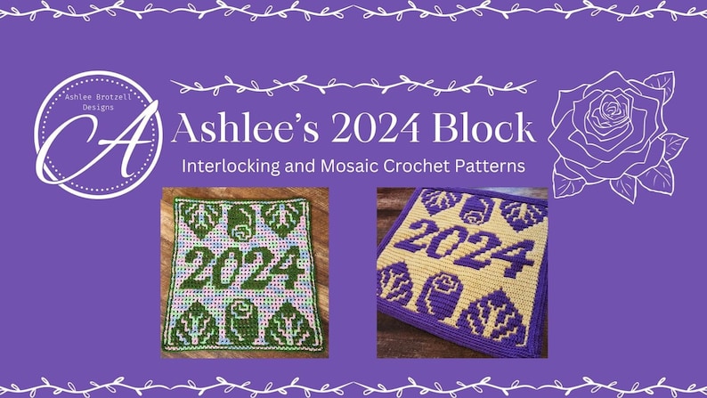 Ashlee's 2024 Block: Crochet Pattern & Charts for Interlocking Crochet and Overlay Mosaic Crochet. Large square for pillows, blankets, etc. image 1