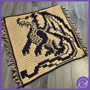 April Dragon. Crochet patterns & charts for large square in 2025: A Year of Dragons series. Interlocking and overlay mosaic crochet.