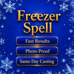 Könnte beinhalten: Blaues Grafikdesign mit den Worten "Freezer Spell" in goldener Schrift. Darunter befinden sich drei blaue Schaltflächen mit goldenen Rändern und Text: "Fast Results", "Photo Proof" und "Same Day Casting". Das Bild hat einen Schneeflockenrand.