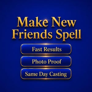 Könnte beinhalten: Eine digitale Grafik mit dem Text "Make New Friends Spell" in goldfarbenen Buchstaben. Darunter befinden sich drei blaue Schaltflächen mit goldenen Rändern und Text: "Fast Results", "Photo Proof" und "Same Day Casting" auf einem dunkelblauen Hintergrund.