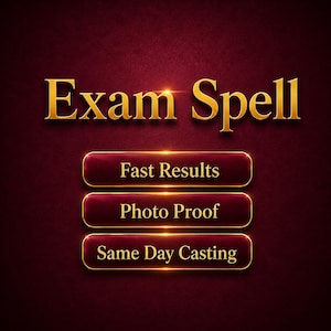 May include: A digital graphic with the words "Exam Spell" in gold lettering. Below are three gold-bordered buttons that read "Fast Results", "Photo Proof", and "Same Day Casting" on a burgundy background.