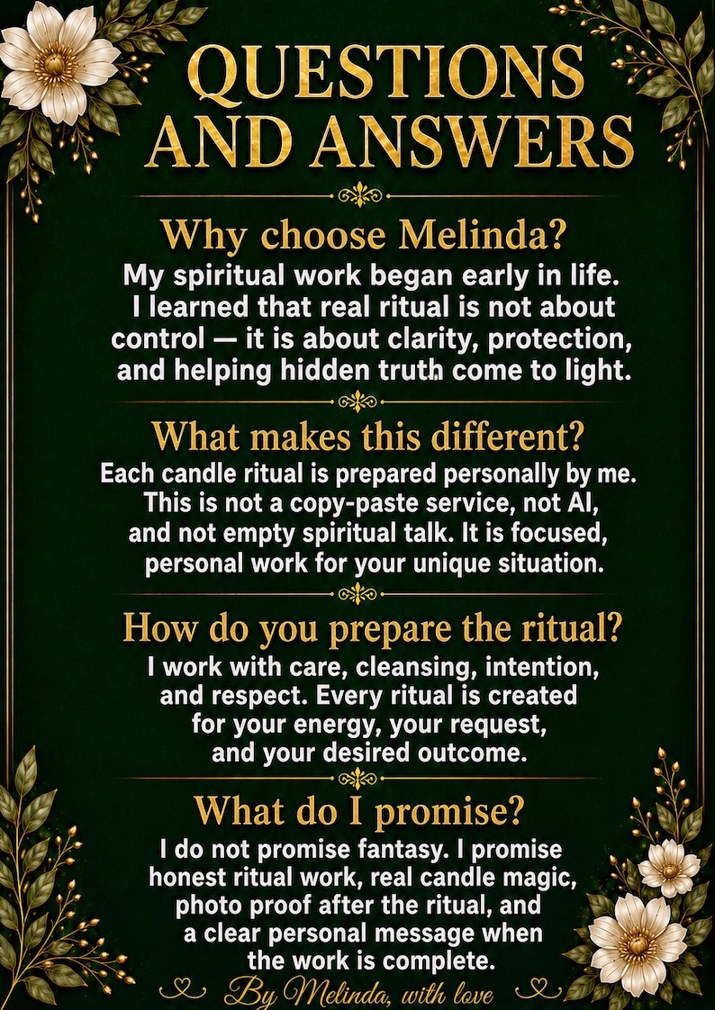 May include: Dark green poster with gold text and floral accents. The text reads "QUESTIONS AND ANSWERS" and details about spiritual rituals, including the promise of honest work and real candle magic.