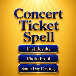May include: A digital graphic with the words "Concert Ticket Spell" in blue, gold-edged letters. Below are three blue buttons with gold trim, reading "Fast Results," "Photo Proof," and "Same Day Casting" on a yellow background.