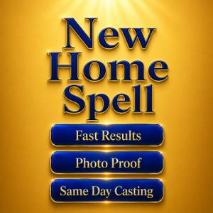 Könnte beinhalten: Digitalgrafik mit den Worten "New Home Spell" in blauen, goldumrandeten Buchstaben. Darunter drei blaue, goldumrandete Schaltflächen mit der Aufschrift "Fast Results", "Photo Proof" und "Same Day Casting". Der Hintergrund ist ein Gelb-Gold-Verlauf.