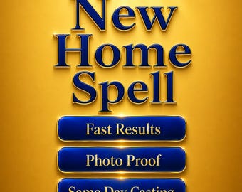 May include: A digital graphic with the words "New Home Spell" in blue, gold-edged letters. Below are three blue, gold-edged buttons that read "Fast Results", "Photo Proof", and "Same Day Casting". The background is a gradient of yellow and gold.