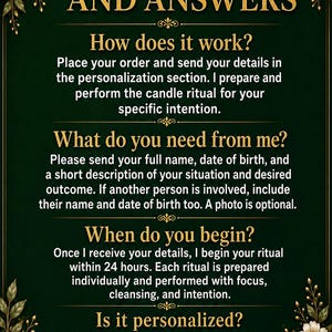 K&ouml;nnte beinhalten: Ein dunkelgr&uuml;ner Poster mit goldenem Text und floralen Akzenten. Der Text beantwortet Fragen zu einem Kerzenritual-Service, einschlie&szlig;lich Funktionsweise, Anforderungen und Personalisierungsdetails. Der Text lautet "FRAGEN UND ANTWORTEN".