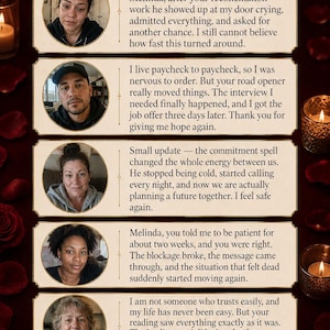 May include: A dark burgundy graphic with client testimonials. The text "WHAT CLIENTS SAY" is at the top. Testimonials are in white text on brown rectangles, with photos of clients. The bottom reads "Thank you, Melinda."