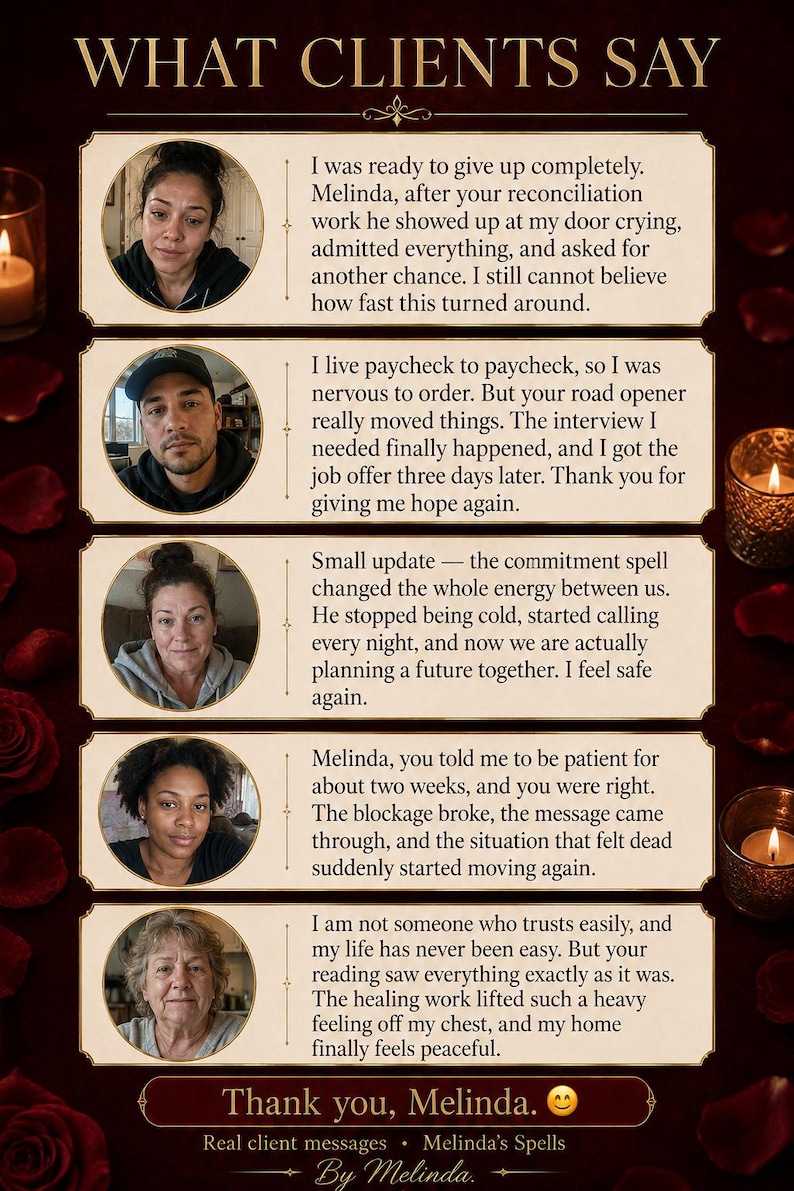 May include: A dark burgundy graphic with client testimonials. The text "WHAT CLIENTS SAY" is at the top. Testimonials are in white text on brown rectangles, with photos of clients. The bottom reads "Thank you, Melinda."