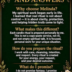 May include: Dark green poster with gold text and floral accents. The text reads "QUESTIONS AND ANSWERS" and details about spiritual rituals, including the promise of honest work and photo proof.