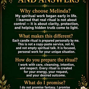 May include: Dark green poster with gold text and floral accents. The text reads "QUESTIONS AND ANSWERS" and details about spiritual rituals, including the promise of honest work and real candle magic.