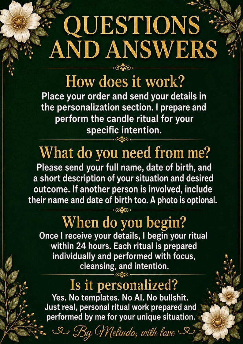 May include: A dark green poster with gold text and floral accents. The text reads "QUESTIONS AND ANSWERS" and provides information about a candle ritual service, including how it works, what's needed, and personalization details.