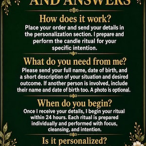 May include: A dark green poster with gold text and floral accents. The text reads "QUESTIONS AND ANSWERS" and provides information about a candle ritual service, including how it works, what's needed, and personalization details.
