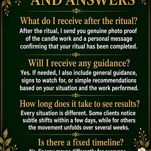 May include: A dark green poster with gold text and floral accents. The text reads "QUESTIONS AND ANSWERS" followed by questions and answers about a ritual, including guidance and results. The poster is signed "By Melinda, with love."