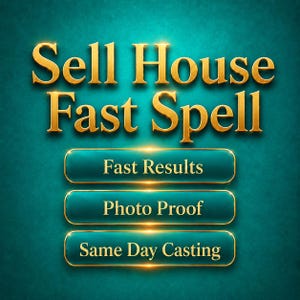 Peut inclure: Texte doré sur fond turquoise : "Sell House Fast Spell". En dessous, trois boutons turquoise avec texte doré : "Fast Results", "Photo Proof" et "Same Day Casting".
