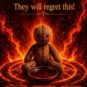 Puede incluir: Una muñeca de arpillera marrón con ojos de botón negros y rasgos cosidos se sienta ante un pequeño cuenco de líquido oscuro, centrado en un emblema circular naranja brillante. El texto dice: They will regret this!, Photo Proof, Same Day Casting, Fast Acting.