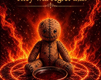 May include: A brown burlap doll with black button eyes and stitched features sits before a small bowl of dark liquid, centered on a glowing orange circular emblem. The text reads: They will regret this!, Photo Proof, Same Day Casting, Fast Acting.