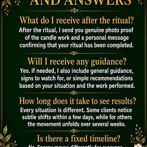 May include: A dark green poster with gold text and floral accents. The text reads "QUESTIONS AND ANSWERS" and provides information about rituals, including what to expect and how long results take. The poster is signed "By Melinda, with love."
