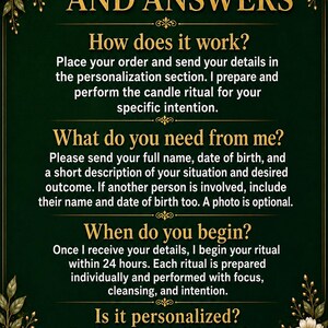 May include: A dark green poster with gold text and floral accents. The text reads "QUESTIONS AND ANSWERS" and provides information about a candle ritual service, including how it works, what's needed, and personalization details.