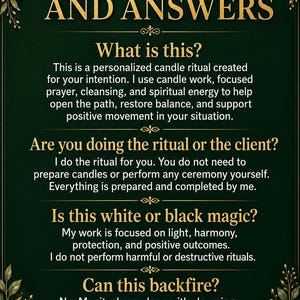 K&ouml;nnte beinhalten: Ein dunkelgr&uuml;ner Poster mit goldenem Text. Es stellt Fragen und beantwortet sie zu einem personalisierten Kerzenritual. Der Text enth&auml;lt Details &uuml;ber den Zweck des Rituals, wer es durchf&uuml;hrt und seine Natur.