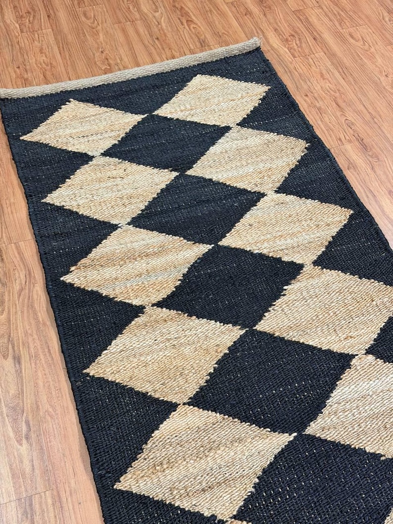 Checkerboard Hemp Jute Runner Rug, Black Diamond Hallway Runner ...