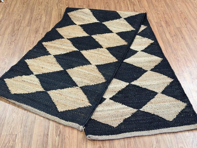 Checkerboard Hemp Jute Runner Rug, Black Diamond Hallway Runner ...