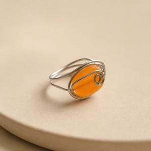 Orange Stone Wire Wrapped Ring, Handmade Silver Tone Ring, Statement Ring, Boho Jewelry, Unique Gift for Her