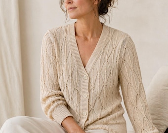 Apricot V Neck Knit Cardigan for Women, Lightweight Eyelet Sweater, 3/4 Sleeve Summer Button Cardigan