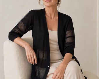 Black Lightweight Duster Cardigan, Sheer Eyelet Knit, Half Sleeve V Neck Layer