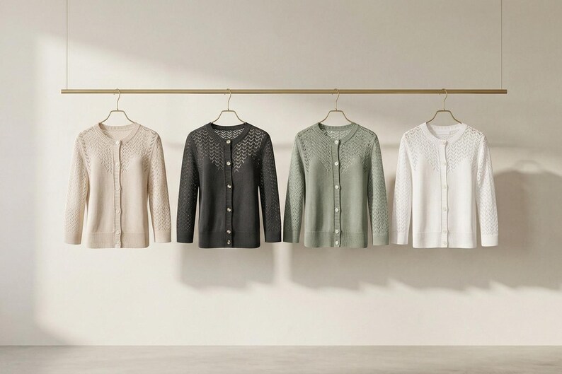 May include: Four cardigans in cream, charcoal, sage green, and white hang from a gold bar. Each has a round neckline, long sleeves, and an openwork design on the upper chest. The sweaters are buttoned up. The image is well-lit.