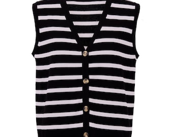Chaleco de punto para mujer a rayas blancas y negras, cuello en V con botones delanteros, cárdigan sin mangas 100% algodón