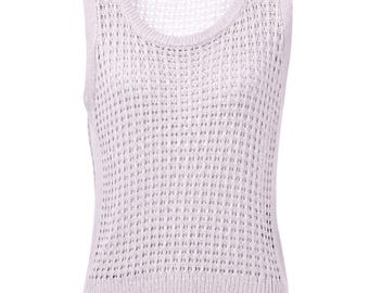 Camiseta sin mangas de punto de ganchillo color blanco marfil, chaleco de punto calado sin mangas, estilo bohemio veraniego con aberturas laterales.