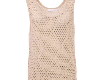 Camiseta sin mangas de punto de ganchillo color albaricoque beige, chaleco de punto calado para mujer, top de verano de mezcla de Tencel.