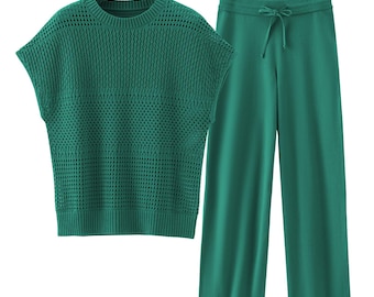 Conjunto de ropa de estar por casa de punto verde acogedor, conjunto relajado de dos piezas para estar en casa y viajar para mujer.