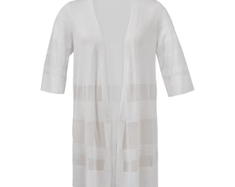 White Sheer Eyelet Knit Duster Cardigan, V Neck Half Sleeve Summer Cover Up