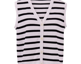 Chaleco de punto para mujer a rayas color crema y negro, cuello en V con botones delanteros, cárdigan sin mangas, 100% algodón.