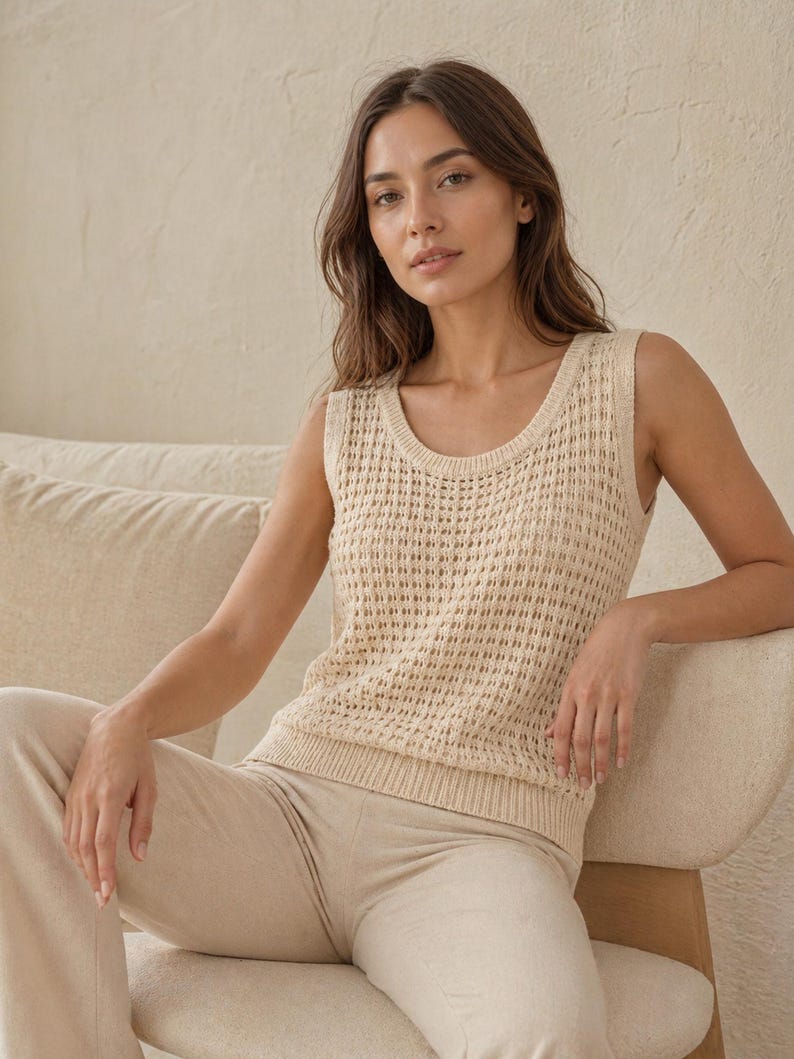 Puede incluir: Un top de punto sin mangas de color crema con cuello redondo. El top tiene un dise&ntilde;o de tejido abierto y texturizado. Combinado con pantalones beige a juego. El conjunto es de tonos neutros y parece estar hecho de un material suave y transpirable.