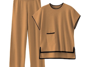 Conjunto de ropa de estar por casa de punto color camel, cómodo conjunto de dos piezas para el hogar y los viajes para mujer.
