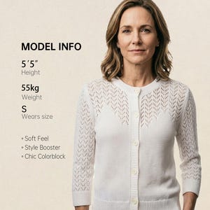 May include: A white, button-down cardigan with a delicate openwork design on the upper chest and sleeves. The image includes the text "MODEL INFO" with the model's height at 5'5" and weight at 55kg. The cardigan is described as having a "Soft Feel", "Style Booster", and "Chic Colorblock".