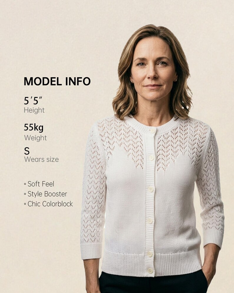May include: A white, button-down cardigan with a delicate openwork design on the upper chest and sleeves. The image includes the text "MODEL INFO" with the model's height at 5'5" and weight at 55kg. The cardigan is described as having a "Soft Feel", "Style Booster", and "Chic Colorblock".