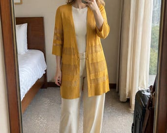 Mustard Yellow Sheer Knit Duster Cardigan, Lightweight V-Neck Half Sleeve Sweater