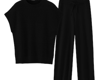 Conjunto de ropa de estar por casa de punto negro acogedor, conjunto relajado de dos piezas para estar en casa y viajar para mujer.