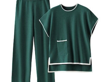 Conjunto de ropa de estar por casa de punto verde acogedor, conjunto relajado de dos piezas para estar en casa y viajar para mujer.