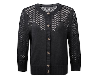 Black Cardigan Sweater for Women, 3/4 Sleeve Button Sweater, Tencel Blend Summer Top
