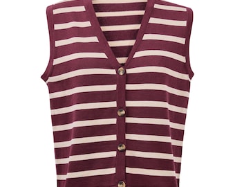 Burgundy Cream Striped Women's Sweater Vest, V Neck Button Front, Sleeveless Cardigan Top 100% Cotton