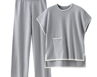 Conjunto de ropa de estar por casa de punto gris acogedor, conjunto relajado de dos piezas para estar en casa y viajar para mujer.