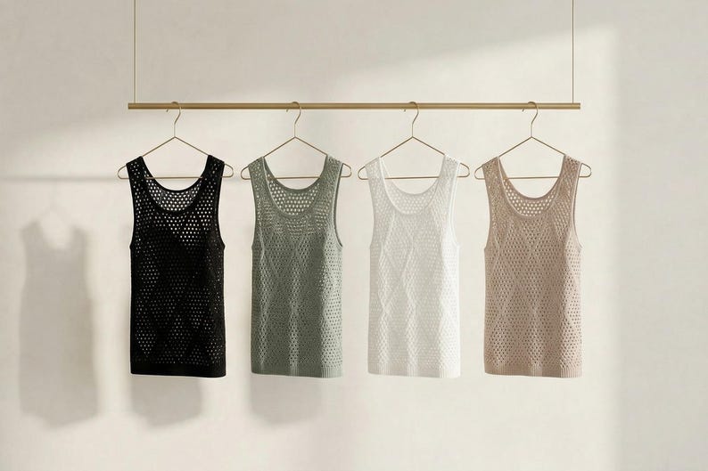 May include: Four tank tops in black, green, white, and beige hang on a gold rod. Each top has a scoop neck and a mesh-like knit design. The tops are displayed against a neutral background, showcasing the different colors and textures.