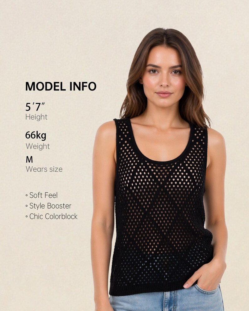 Pode incluir: Top preto de malha aberta com decote redondo. A imagem inclui o texto "MODEL INFO" com a altura da modelo de 170 cm e o peso de 66 kg. O texto adicional inclui "Soft Feel", "Style Booster" e "Chic Colorblock".